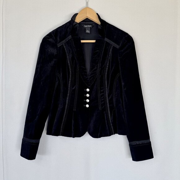 White House Black Market Jackets & Blazers - Y2K WHBM Black Stretch Velvet High Collar Silver Button Military Blazer Size 4